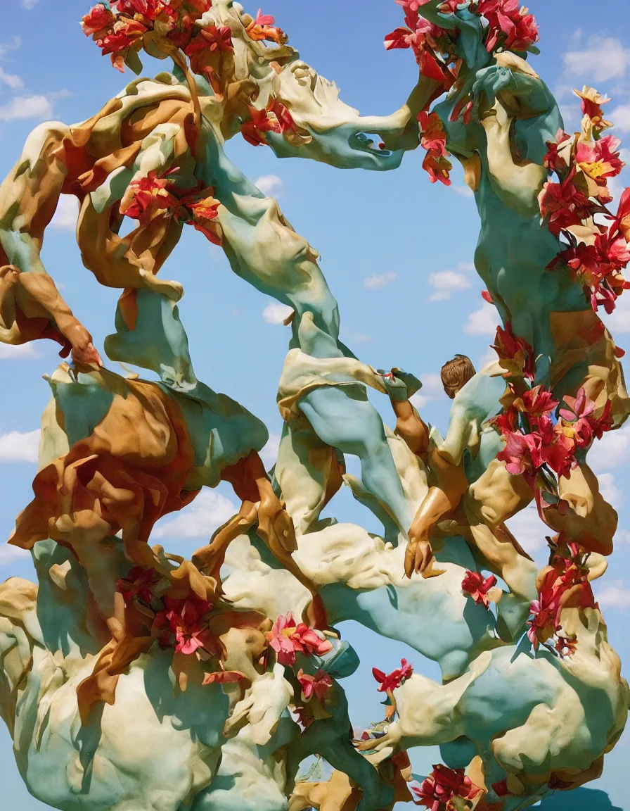 Image similar to a cowboy turning into blooms by slim aarons, by zhang kechun, by lynda benglis, by frank frazetta. tropical sea slugs, angular sharp tractor tires. bold complementary vivid colors. warm soft volumetric light. 8 k, 3 d render in octane. a manly cowboy riding wild flowers sculpture by antonio canova. jade green