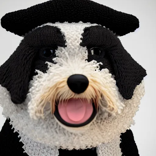 Image similar to a closeup photorealistic photograph of a cute smiling knitted bernedoodle judge dog dressed in a black gown, presiding over the courthouse. indoors, professional capture, well lit shot. this 4 k hd image is trending on artstation, featured on behance, well - rendered, extra crisp, features intricate detail, epic composition and the style of unreal engine.