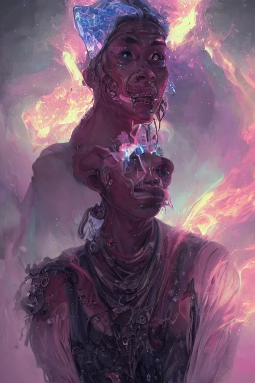 Image similar to the look of a young person, necromancer, witch - doctor covered with ice exploding into fire, full of wrinkles and imperfections, electricity highly detailed, high contrast, light reflection, trippy, nebula, trending on artstation by artgem, by peter mohrbacher, by wlop, by ruan jia