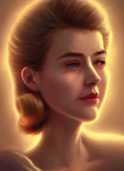 Image similar to portrait of betty cooper with fluffy bangs, bangs, 1 9 6 0 s, ponytail, curly bangs and ponytail, rounder face, intricate, elegant, glowing lights, highly detailed, digital painting, artstation, concept art, smooth, sharp focus, illustration, art by wlop, mars ravelo and greg rutkowski