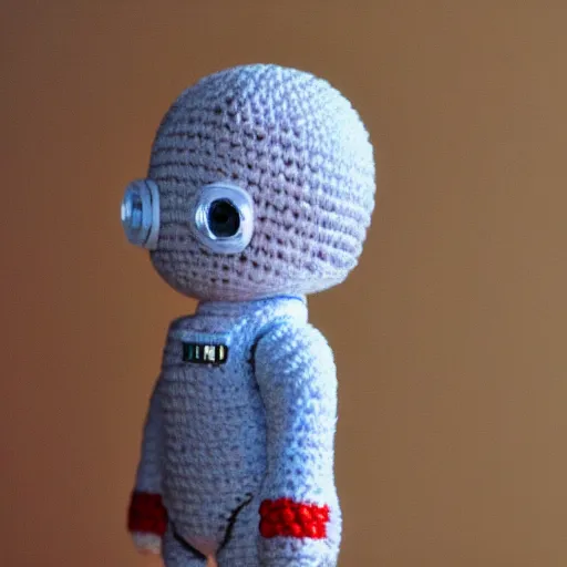 Image similar to a miniature amigurumi astronaut. Diorama. very Full Detailed. 4k. Macro 200 mm