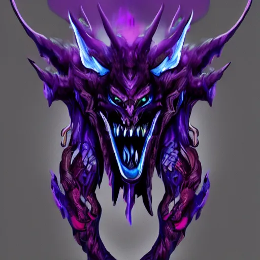 Image similar to demon black blue purple, daggers, fog, trending on artstation