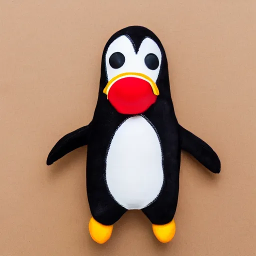 Image similar to A penguin plush holding a hotdog. Beautifully made, detailed, cute, soft. High quality, studio lighting, product image