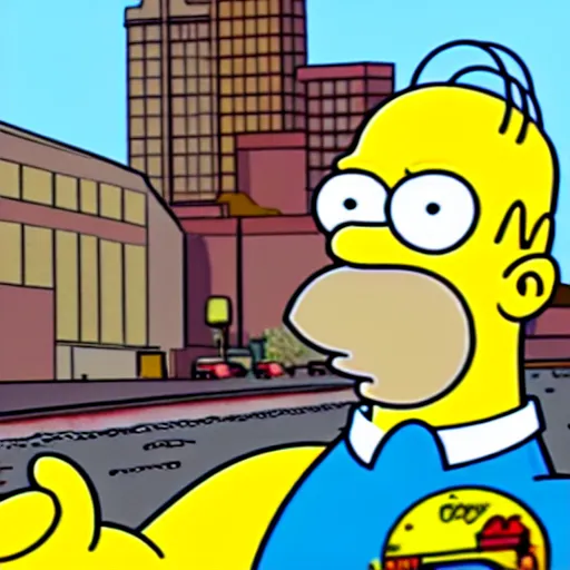 Image similar to homer simpson in a gta v illustration by stephen bliss