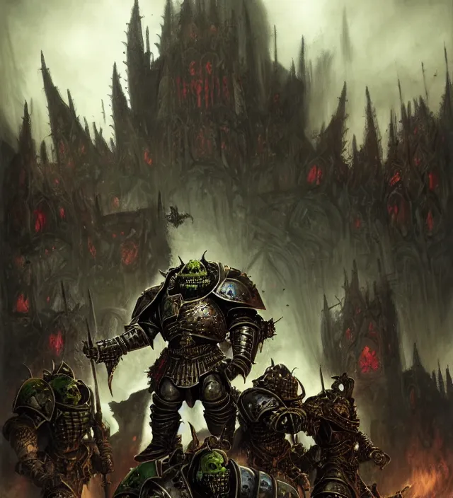 Prompt: armor _ portrait _ heros _ warhammer _ 4 _ 0 _ k _ - pestilence, nurgle warrior, champion _ the _ primarchs _ emperor _ by _ johannes _ helgeson _ animated _ with _ vfx _ concept _ artist _ _ with cathedrals in the background, battlefield, army fighting, undead illustrated by ruan jia