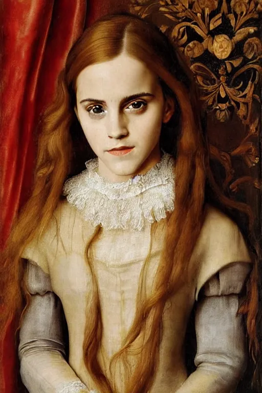 Image similar to stunning adorable portrait of emma watson, oil painting by jan van eyck and diego velazquez, oil on canvas, wet - on - wet technique, realistic, expressive emotions, detailed textures, illusionistic detail