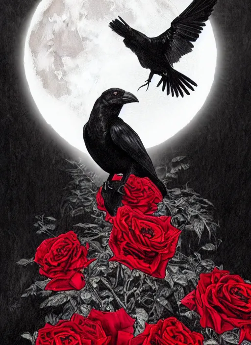 Image similar to portrait, A crow with red eyes in front of the full big moon, book cover, red roses, red white black colors, establishing shot, extremly high detail, foto realistic, cinematic lighting, pen and ink, intricate line drawings, by Yoshitaka Amano, Ruan Jia, Kentaro Miura, Artgerm, post processed, concept art, artstation, matte painting, style by eddie mendoza, raphael lacoste, alex ross