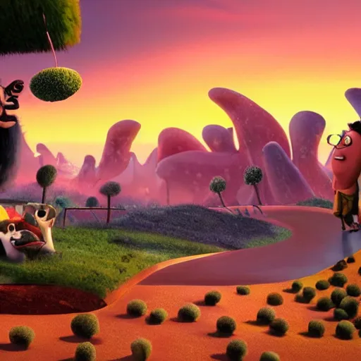 Image similar to A landscape from Cloudy with a Chance of Meatballs (2009), sunset time, award winning