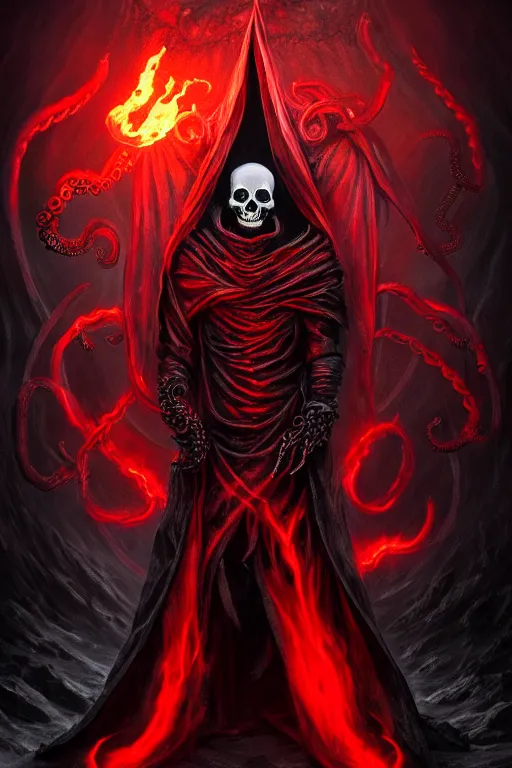 Image similar to A full body portrait of a mysterious character with a flaming skull with a very long hooded blood red and black cloak, tentacles coming out the ground art by James Paick, and Shaddy Safadi, ominous, cosmic horror, trending on artstation, Ultra detailed, hyper realistic 4k