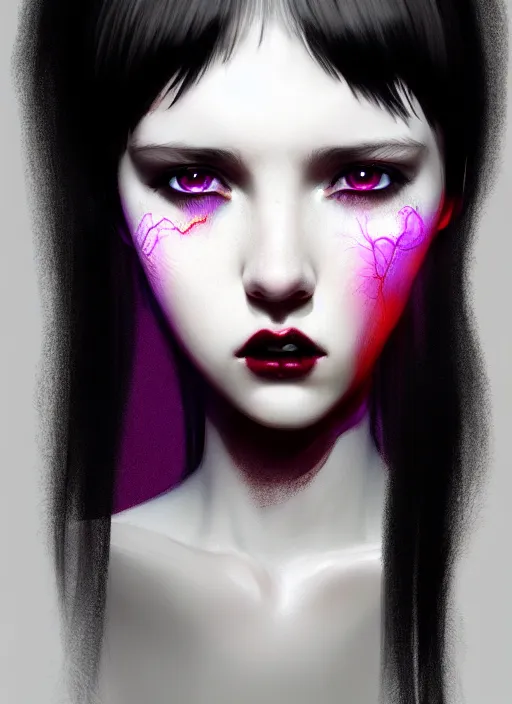 Image similar to portrait of teenage girl, red irises, red eyes, black hair, black and white hair, white bangs, purple clothes, white bangs, bangs, black hair and white bangs, intricate, elegant, glowing lights, highly detailed, digital painting, artstation, concept art, smooth, sharp focus, illustration, art by wlop, mars ravelo and greg rutkowski