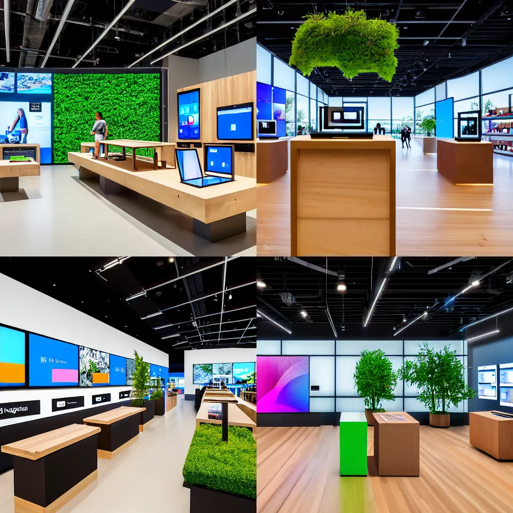 Prompt: (wood and concrete flagship retail interior Samsung Microsoft, Apple, mobiles and tablets on display on large tables, empty stools, lush verdant plants, colorful digital screens) XF IQ4, 14mm, f/1.4, ISO 200, 1/160s, 8K, RAW, unedited, symmetrical balance, architectural photography, in-frame