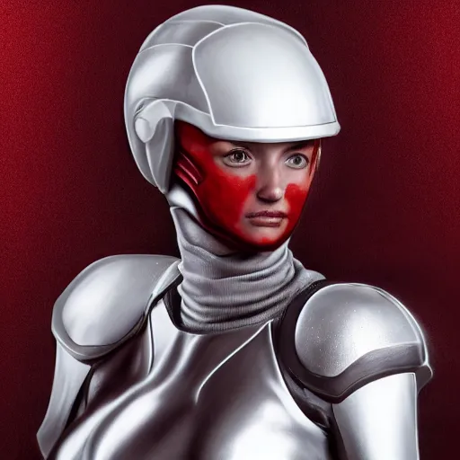 Image similar to portrait of a beautiful female soldier, no makeup, in glossy sleek white armor inspired by samus aran and a long red cape, heroic posture, determined expression, no helmet, on the surface of mars, cinematic, sci-fi, hyperrealistic, detailed