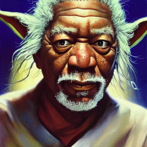 Image similar to ultra realistic portrait painting of morgan freeman as yoda, art by frank frazetta, 4 k, ultra realistic, highly detailed, epic lighting