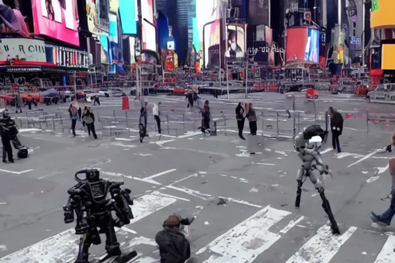 Image similar to robots attacking people in times square security camera footage