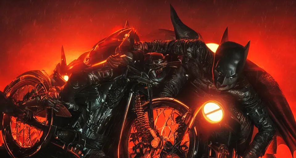 Image similar to The Batman Who Laughs and His Psycho Batcycle In A Dimly Lit Misty Sewer, red fluid, bats, sunset, volumetric lighting, hyperrealistic, beautiful details, HDR, octane render, action shot, wide angle, bokeh, Yasushi Niarasawa Moebius Giger Style