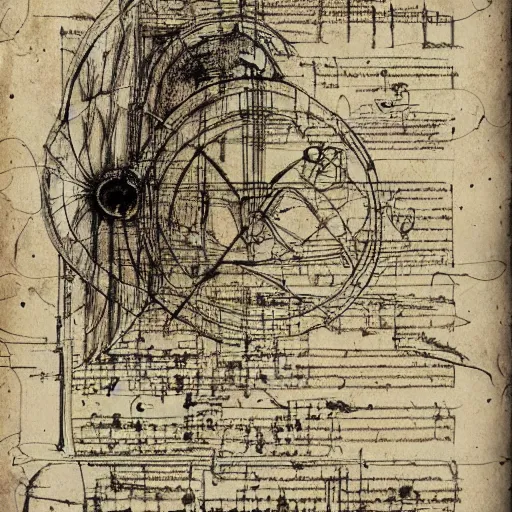 Image similar to leonardo da vinci intricate full page scan blueprint of concept art dark new music instrument on grey paper sketch ink style with music sheet backgroud