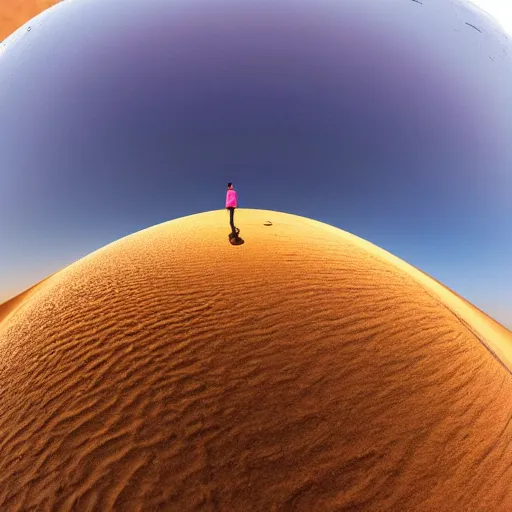 Prompt: macro photo bright day of a tiny sphere with a mirrored surface on the ground in the gobi desert