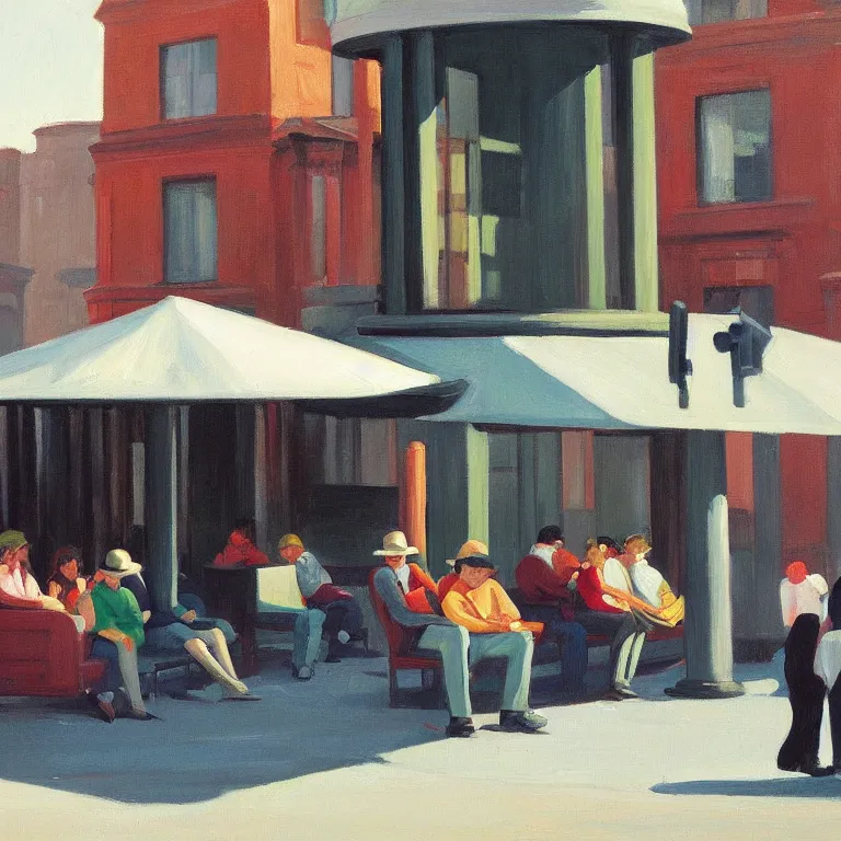 Image similar to a few people waiting at a bus stop in a quiet downtown, painted by Edward Hopper and James Gilleard, oil painting
