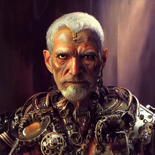 Image similar to portrait, headshot, digital painting, of a old 17th century, old cyborg merchant, amber jewels, baroque, ornate clothing, scifi, realistic, hyperdetailed, chiaroscuro, concept art, art by Franz Hals and Jon Foster