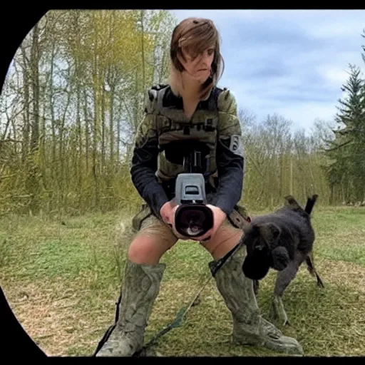 Image similar to trailcam footage of emma watson with a tactical net