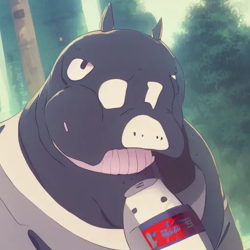 Image similar to a dumb looking hippo wearing a baseball bat, illustration concept art anime key visual trending pixiv fanbox by wlop and greg rutkowski and makoto shinkai and studio ghibli and kyoto animation symmetrical facial features