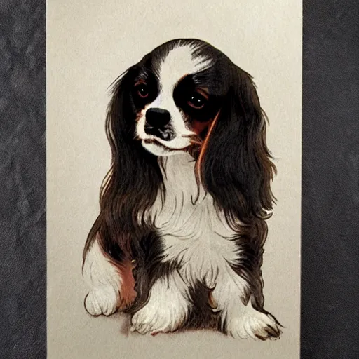 Image similar to black cavalier king charles spaniel in the style of mucha