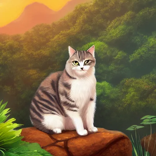 Prompt: a cat seated on a rock in a jungle!, mist, tropical trees, vines, birds, sunset!, fluffy clouds, warm colors, beautiful lighting, digital art, intricate details, trending on artstation