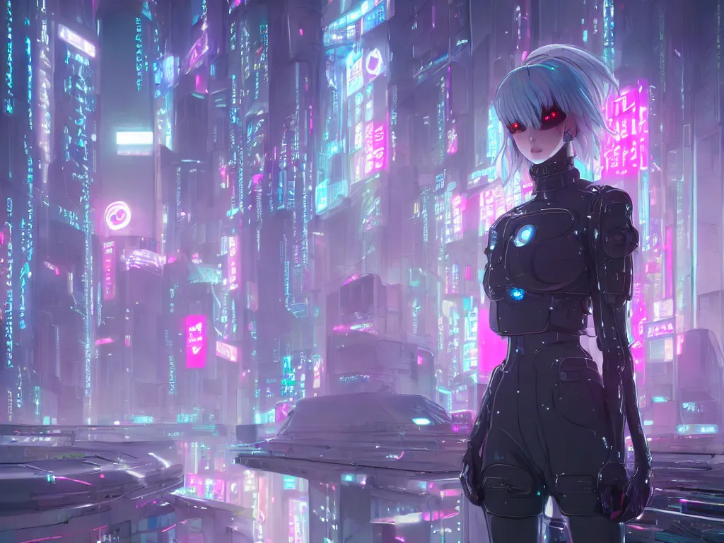 Prompt: portrait grey hair anime visual futuristic female cyber police, on cyberpunk neon light tokyo rooftop, ssci - fi and fantasy, intricate and very beautiful, human structure, concept art, sharp focus, anime by simon stalenhag and rossdraws and magali villeneuve and liya nikorov and luxearte, frostine engine