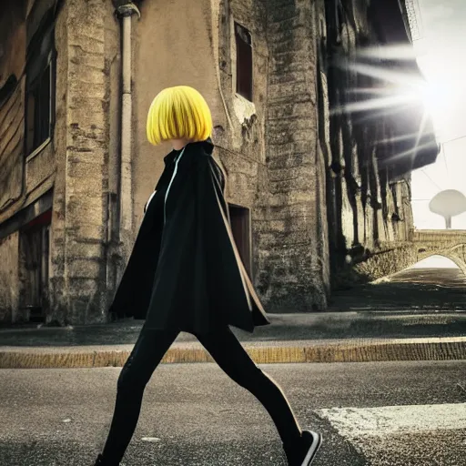 Image similar to 1 7 - year - old pale - skinned anime girl with black long bob cut, long bangs, black gothic jacket, black jeans, running through italian city, yellow sunshine, sepia sun, ultra - realistic, sharp details, subsurface scattering, intricate details, hd anime, 2 0 1 9 anime