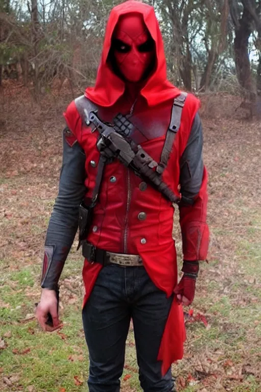 Image similar to red hood cosplay, creepy