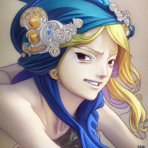 Image similar to intricately detailed vfx portrait of nami from one piece by eiichiro oda!, makoto shinkai, alphonse mucha, art by artgerm and greg rutkowski!, best of behance, concept art, matte, sharp focus, adolphe bouguereau, annie leibovitz, stanley kubrick,