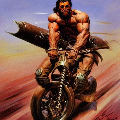 Image similar to into glory ride, artwork by Frank Frazetta, motorcycle, muscular man riding into battle holding sword