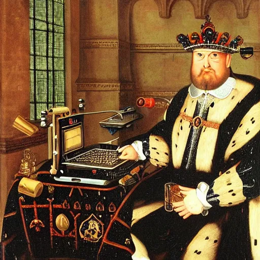 Image similar to king henry viii building a computer pc from scratch with a screwdriver and electronics, funny anachronism, wearing a crown and royal robes, 17th century detailed oil painting