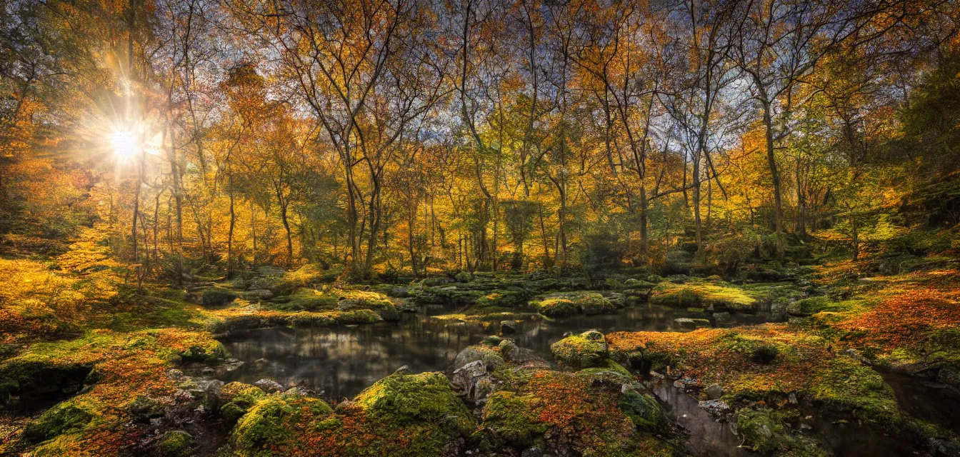 Image similar to stone cottages underneath a dense tall forest, pristine ponds. bodyscapes. fine painting intricate brush strokes, bright depth oil colors. 2 8 mm perspective multisourced photography by araken alcantara. intense promiseful happiness, autumn sunrise warm hdri forest light