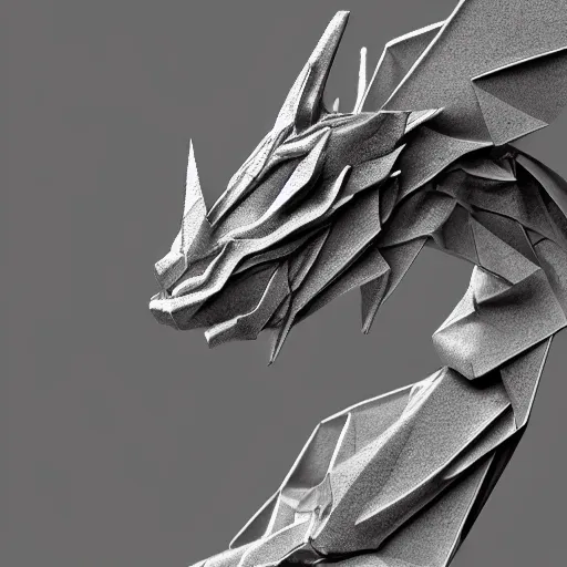 Prompt: dragon figurine, origami, low poly, 3d render, up close, intricate details, folds, 8k