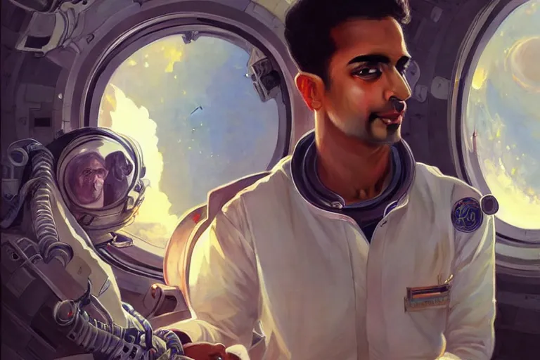 Image similar to Pensive good looking pale young Indian doctors wearing jeans in a space station above Earth, portrait, elegant, intricate, digital painting, artstation, concept art, smooth, sharp focus, illustration, art by artgerm and greg rutkowski and alphonse mucha