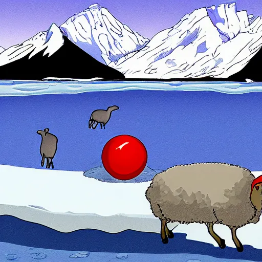 Image similar to cartoon drawing of a seal tossing a red ball with a sheep in antarctica. the seal's head is sticking out above the water and the sheep is standing near the edge of ice