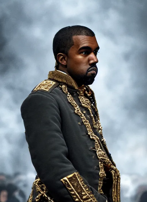 Image similar to portrait kanye west as emperor napoleon in django unchained, splash art, movie still, cinematic lighting, long lens, shallow depth of field, bokeh, anamorphic lens flare, 8 k, hyper detailed, 3 5 mm film grain