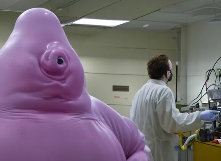 Prompt: horror movie scene, a huge blobby flesh creature grows out of control in a high tech science lab, a man in a hazmat suit watches helplessly