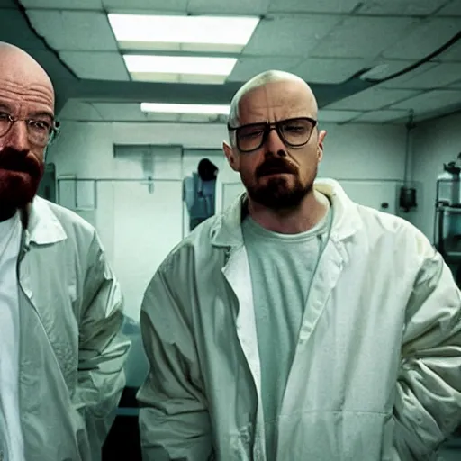 Image similar to walter white and jessie pinkman in gus frings underground laboratory on top of howard hamlin and lalo salamunca