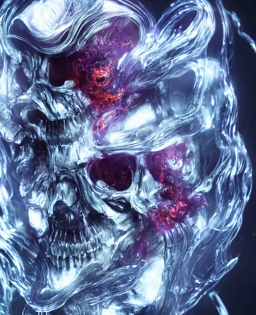 Image similar to close-up macro portrait of the face of a beautiful princess rotten skull in a spaceman suit, epic angle and pose, symmetrical artwork, 3d with depth of field, blurred background, cybernetic jellyfish female face skull phoenix bird, translucent, nautilus, energy flows of water and fire. a highly detailed epic cinematic concept art CG render. made in Maya, Blender and Photoshop, octane render, excellent composition, cinematic dystopian brutalist atmosphere, dynamic dramatic cinematic lighting, aesthetic, very inspirational, arthouse. y Greg Rutkowski, Ilya Kuvshinov, WLOP, Stanley Artgerm Lau, Ruan Jia and Fenghua Zhong