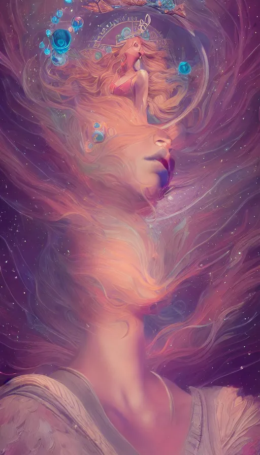 Image similar to a beautiful goddesses, profile, full body, universe in the background, dream, highly detailed, digital painting, refreshing, trending on artstation, octane render, illustration by james jean