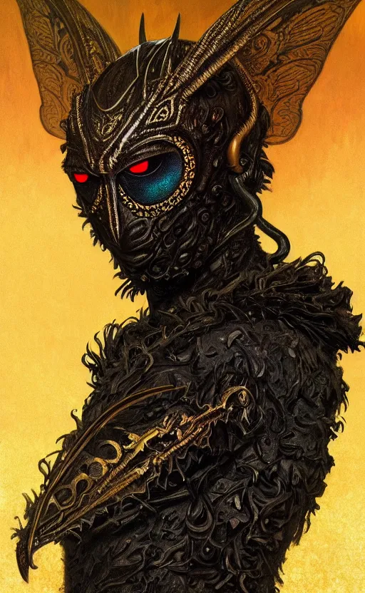 Image similar to a detailed portrait of a black mothman, wearing a golden crown, concept art, deep focus, intricate, highly detailed, digital painting, artstation, matte, sharp focus, illustration, art by greg rutkowski and alphonse mucha