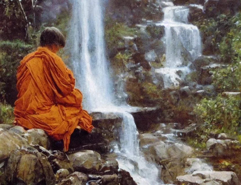 Prompt: by steve hanks, by serov valentin, by lisa yuskavage, by andrei tarkovsky, by terrence malick focused monk sits near waterfall, golden ratio, perfect symmetrical, polaroid, vintage, soft lights, foggy, oil on canvas