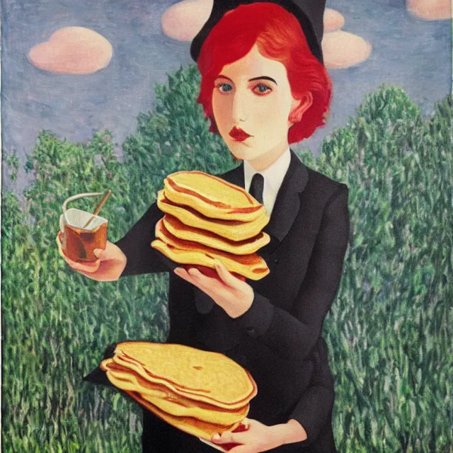 Image similar to tall emo female artist holding pancakes, in chippendale sydney, gold bars, maple syrup, snails, berries, pigs, octopus, witch's broomstick, acrylic on canvas, surrealist, by magritte and monet