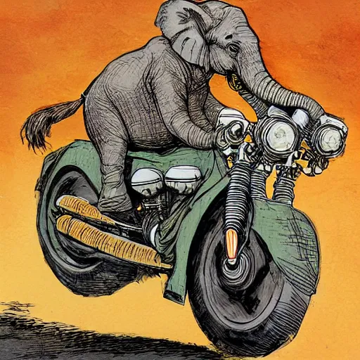 Image similar to elephant riding a motorcycle, art by rebecca guay