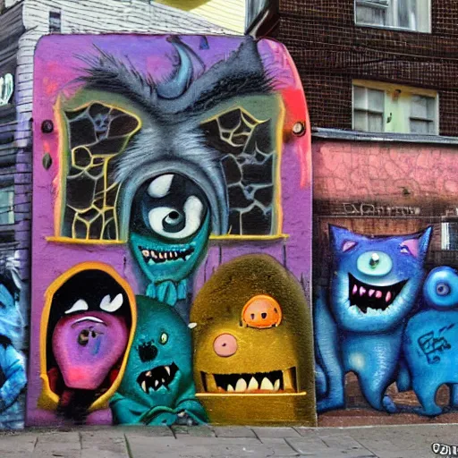 Prompt: little crazy monsters, furry creatures, monster emotional monsters and creatures in the city alleyway with graffiti, in the style of Johfra and Shaun Tan