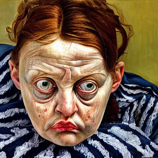 Image similar to high quality high detail painting by lucian freud, hd, scared woman, big eyes, vivid colors, photorealistic lighting