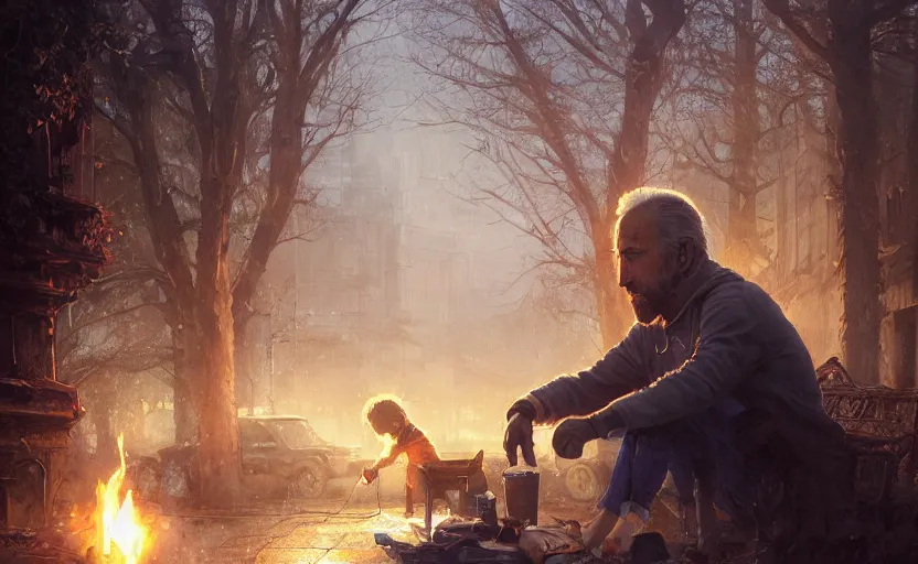 Prompt: highly detailed portrait of joe biden as a homeless, conversing with nicolas cage, stephen bliss, unreal engine, fantasy art by greg rutkowski, loish, rhads, ferdinand knab, makoto shinkai and lois van baarle, ilya kuvshinov, rossdraws, tom bagshaw, global illumination, radiant light, detailed and intricate environment