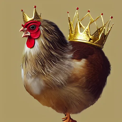 Image similar to a chicken animal wearing a small chicken-sized golden crown on its head and small royal robes clothes. By Makoto Shinkai, Stanley Artgerm Lau, WLOP, Rossdraws, James Jean, Andrei Riabovitchev, Marc Simonetti, krenz cushart, Sakimichan, trending on ArtStation, digital art. Animal photo.